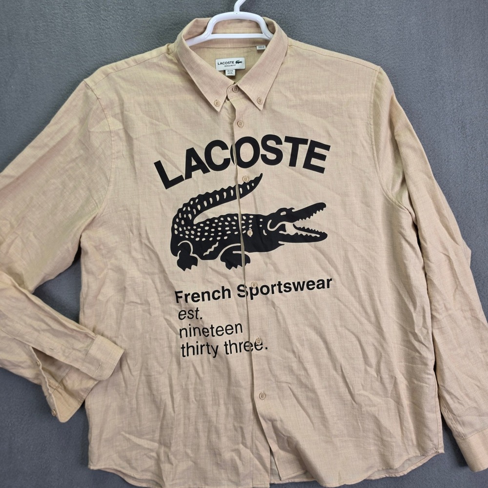 Lacoste Button Down Shirt Graphic Logo Tan XL Wool French Sportswear